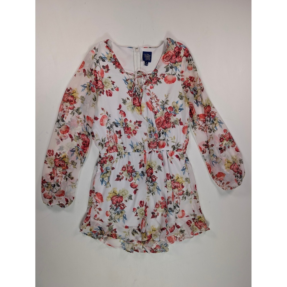 Disney Beauty and the Beast Floral Romper White Rose Lace Up Long Sleeve Small